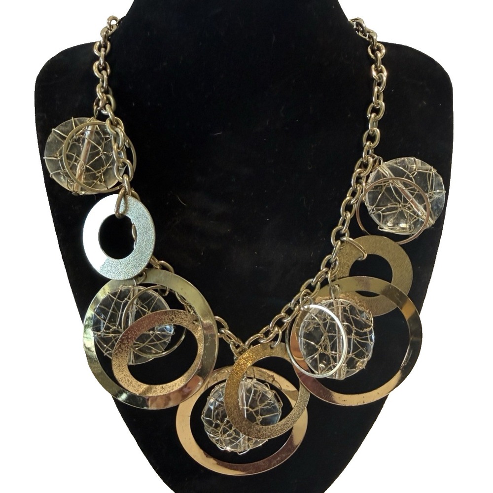 Artsy Mixed Metal Statement Necklace Geometric Circles Clear Beads Modern Boho